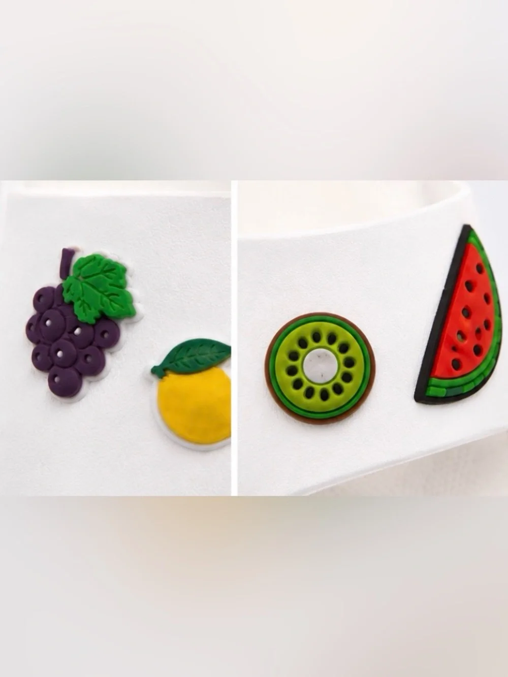 No Boundaries White  Fruit Charm Slide Sandals with Colorful Fruit Accents